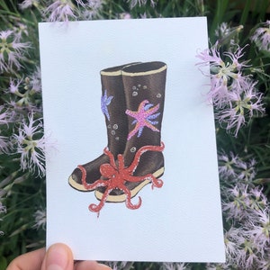 Cartão de Vida Selvagem do Alasca | Xtratuf Hitchhiker Art | Polvo e Estrela do Mar | Cartão de Saudação A2 | Em Branco por Dentro | Escrita de Cartas