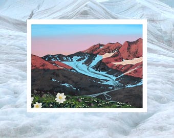Tarjeta de felicitación A2 con paisaje de Alaska / Glaciar Avens / Arte de montaña con flores silvestres / Interior en blanco / Escritura de cartas