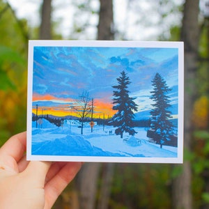 Tarjeta con paisaje de Alaska / Vista del campus hacia el sur / Arte de atardecer invernal / Tarjeta de felicitación A2 / Interior en blanco / Escritura de cartas