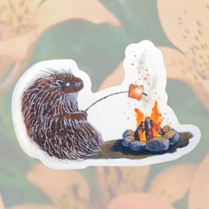 Vinyl Sticker - Porcupine&#39;s S&#39;more - Marshmallow Roasting Alaskan Wildlife Sticker