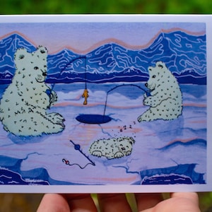 Karte für die wild lebenden Tiere Alaskas | Eisbären Eisfischen Kunst | A2 Grußkarte | Innen leer | Buchstaben Schreiben