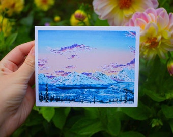 Sunset on the Savage Mountain Painting Card - Blank Alaskan Greeting Card