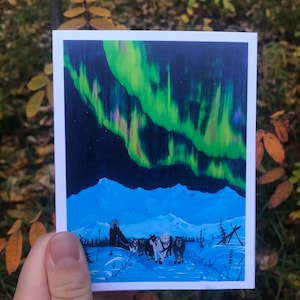Alaskan Landscape Card | Aurora Borealis Northern Lights Mushing Art Hasten | A2 Greeting Card | Blank Inside | Letter Writing