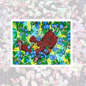 May include: A whimsical illustration of a brown bear lounging amidst a vibrant array of blueberries and green foliage. The bear, with its detailed fur and expressive face, is surrounded by blue berries and green leaves, creating a playful scene.
