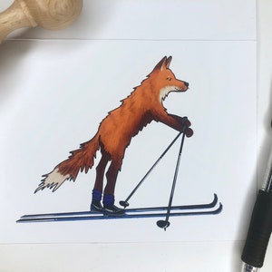 Carte faunique de l'Alaska | Renard à skis Art | Carte de voeux A2 | Blanc à l'intérieur | Rédaction de lettres
