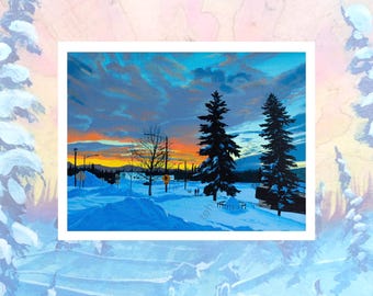 Tarjeta de felicitación A2 con paisaje de Alaska / Vista del campus hacia el sur / Arte de atardecer invernal / En blanco / Escritura de cartas
