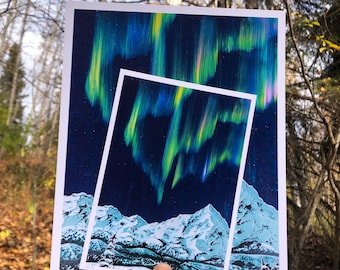 Impresión - Arte mural de la Aurora Boreal - Luces del Norte sobre montañas y árboles - Donde el cielo baila