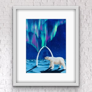 Alaskan Art Print - Northern Voyager - Northern Lights Aurora Borealis Polar Bear Painting