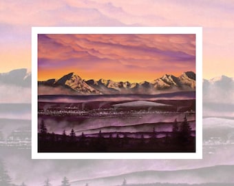 Tarjeta de felicitación A2 con paisaje de Alaska / Resplandor de estrella polar / Arte de montaña al atardecer / En blanco / Escritura de cartas