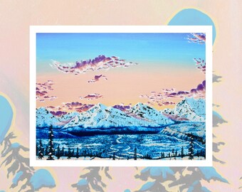 Tarjeta de felicitación A2 con paisaje de Alaska / Atardecer en la naturaleza / Arte de montaña / Interior en blanco / Escritura de cartas