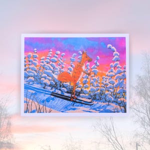 Tarjeta de vida silvestre de Alaska / Arte de esquí primaveral / Tarjeta de felicitación A2 / Interior en blanco / Escritura de cartas
