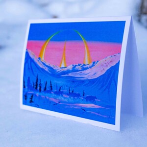 Alaska Landschaft Karte | Parhelion | Sonnenuntergang Hund Mushing Art | A2 Grußkarte | Innen leer | Buchstaben Schreiben