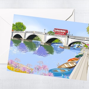 Conjunto de caixa de cartão da ponte de Richmond | Cartões em branco feitos à mão | Desenhado à mão | Ilustração colorida | Arte em Londres | Único | Presente de caixa de correio