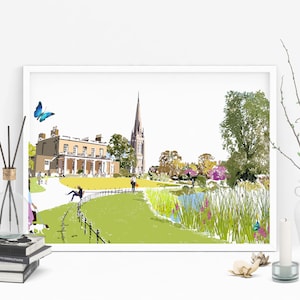 Könnte beinhalten: Eine farbenfrohe Illustration einer Parkszene mit einem großen Gebäude im Hintergrund, einem Teich und Menschen, die auf einem Weg spazieren gehen. Die Illustration ist in einem skurrilen Stil mit leuchtenden Farben und kräftigen Linien gehalten.