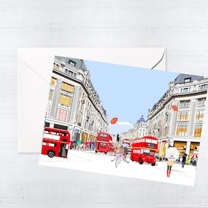 Coffret de cartes de voeux Oxford Circus | Cartes vierges faites main | Dessiné à la main | Scène de ville | Uniques | Art londonien | Anniversaire | Cadeau boîte aux lettres
