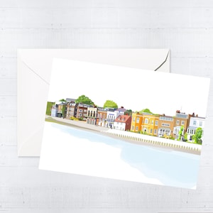 Conjunto de caixa de cartões comemorativos Chiswick Riverside | Cartões em branco feitos à mão | Desenhado à mão | Cena colorida da cidade | Paisagem urbana | Ilustração fofa | Londres