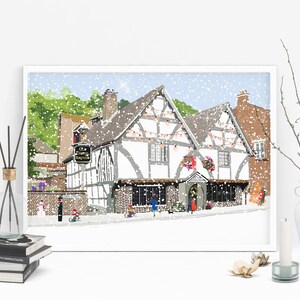 May include: A white building with black beams and a sign that reads "The Old Grammar School" in a snowy winter scene. The building is decorated with Christmas lights and wreaths. There are people walking in front of the building.