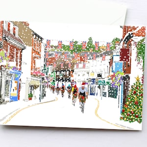 de Noël de Farnham Cycling Festival | Cartes de vœux faites main | Scène de ville | Cartes uniques | Paquet de cartes | Illustration | Farnham