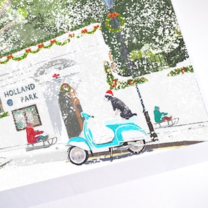 Navidad en Holland Park / Tarjeta de felicitación en blanco / Njeri Illustrated / Caja ilustrada / Tarjeta navideña / Tarjeta festiva / Escena de la ciudad / Arte de Londres