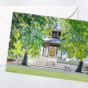 The Peace Pagoda-wenskaarten en -boxsets | Handgemaakte kaarten | Blanco kaart | Unieke kaarten | Londense kunst | Battersea Park | Brievenbuscadeau