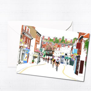 Set wenskaarten Farnham Cycling Festival | Handgemaakte kaarten | Blanco kaart | Stadsgezicht | VK | Uniek | Illustratie | Brievenbuscadeau