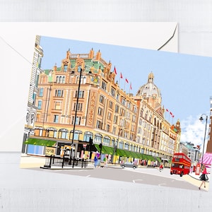 Biglietti d'auguri e cofanetti Harrods / Biglietti vuoti fatti a mano / Disegnati a mano / Arte ispirata alla città / Arte di Londra / Unico / Regalo per cassetta delle lettere