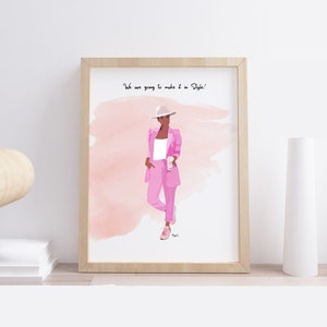 Peut inclure: Illustration numérique d'une femme portant un tailleur rose, un chapeau blanc et tenant une tasse de café. L'arrière-plan est une aquarelle rose et blanche. Le texte "We are going to make it in Style!" est écrit en haut de l'image.