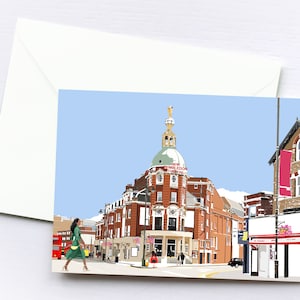 Boîte pour cartes de voeux pour le théâtre de Wimbledon | Cartes faites main | Vierge | Scène de ville | Art londonien | Wimbledon | Uniques | Illustration | Boîte aux lettres