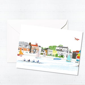 Conjunto de caixa de cartões comemorativos Barnes Riverside | Cartões em branco feitos à mão | Desenhado à mão | Cena da cidade | Ilustração | Arte de Londres | Presente de caixa de correio