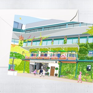 Boîte pour cartes de voeux sur le court central de Wimbledon | Cartes faites main | Vierge | Scène de ville | Art londonien | Wimbledon | Illustration | Cadeau boîte aux lettres