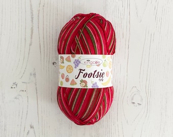 Fil à chaussettes : Footsie 4 fils fraise, pelote de 100 g. Laine à rayures rouges, roses et vertes. Laine fruitée colorée pour chaussettes