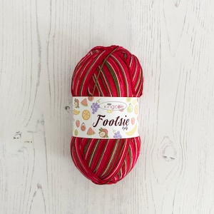 Sock Yarn: Footsie 4 Ply in Strawberry, 100g Ball. Self Striping Yarn in Reds, Pinks and Greens. Colourful Fruity Yarn for Socks