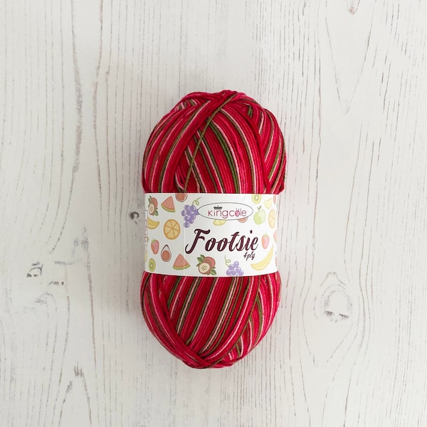 Sockenwolle: Footsie 4 Ply in Strawberry, 100g Knäuel. Farbverlaufsgarn in Rot-, Pink- und Grüntönen. Bunt Fruchtige Wolle für Socken