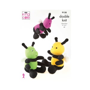 May include: Knitting pattern for three bee toys. The bees are pink, green, and yellow with black stripes. The pattern is called "double knit" and is 9-12.5 inches tall.