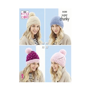 May include: Four different knitted hats with pom-poms. The hats are in various colours, including cream, blue, pink, and purple. The hats are all made with a chunky yarn. The pattern number is 5530 super chunky.