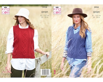 Knitting Pattern: Aran Tanks or Vests. Ladies Slipover with Cable Detail and V or Round Neck. Tank or Vest Top for Women in Aran Yarn