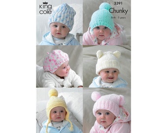 Modèle de tricot : Bonnets pour bébés et enfants en fil épais ou volumineux. Bonnets de bébé en tricot facile pour les enfants jusqu'à 5 ans