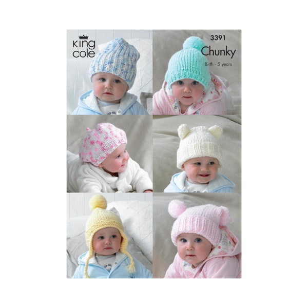 Knitting Pattern: Babies and Kids Hats in Chunky or Bulky Yarn. Easy Knit Baby Hats for Children up to 5 Years