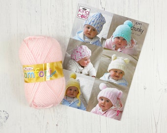 Knitting Pattern + Yarn: Baby Hat in Soft Pink Chunky Baby Yarn. Six Designs for Ages 0-5 years