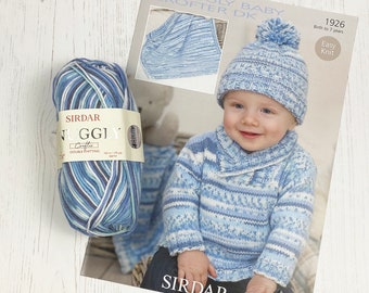 Knitting Pattern + Yarn: Baby Boy Sweater, Hat & Blanket in Blue Sirdar Snuggly Crofter DK Yarn