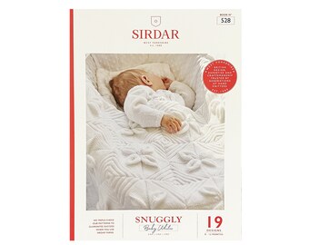 May include: A white knitting pattern book with a baby sleeping on a white knitted blanket. The book cover features the title "Snuggly Baby Whites" and the number "19 Designs".