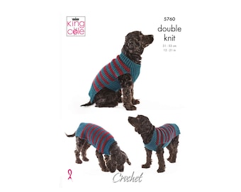 May include: Crochet pattern for a teal and burgundy striped dog sweater. The pattern is called "Double Knit" and is for sizes 12-21 inches (31-53 cm).