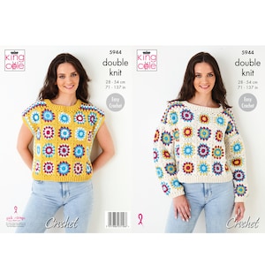 Schema all'uncinetto: Maglione con quadrati "Grandma". Schema all'uncinetto facile con filato DK. Modelli con maniche lunghe e corte.