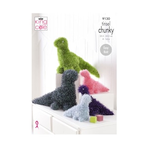 King Cole 'Easy Knit' Novelty Toy Dinosaur Knitting Pattern 9130 - Tinsel Chunky King Cole 'Easy Knit' Novelty Toy Dinosaur Knitting Pattern 9130 - Tinsel Chunky