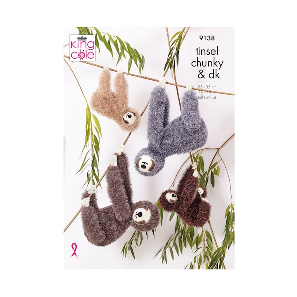 Knitting Pattern: Sloths in King Cole Tinsel Chunky Yarn. Small and Large Sloth Toys to Knit