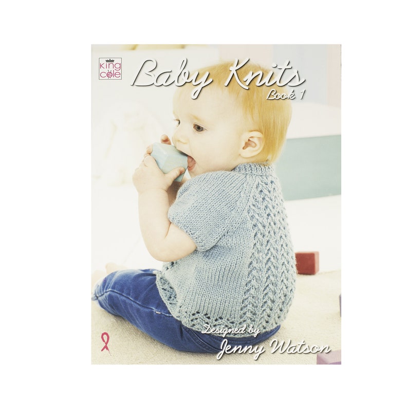 May include: A book titled "Baby Knits Book 1" featuring a photo of a baby wearing a blue knitted sweater. The book is designed by Jenny Watson.