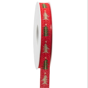 Ruban de Noël : 15 mm, ruban de sapin de Noël en coton rouge avec des paillettes dorées. Sapins de Noël Winter Wonderland, simple face, 1 m de long