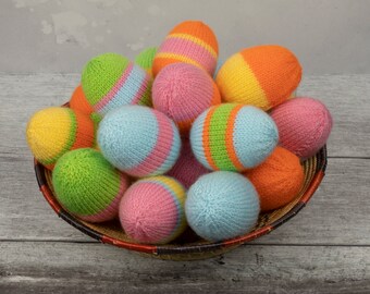 Coloured Eggs Hand Knitted in Various Designs Including Plain and Stripes. Imaginative Play Toy Eggs for Egg Hunts. With Charity Donation