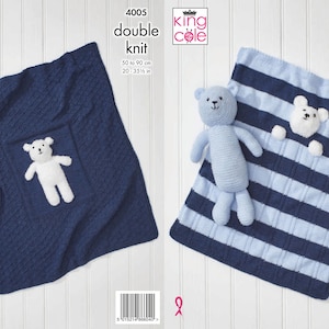 May include: Two knitting patterns for baby blankets with teddy bears. The first pattern is a blue blanket with a white teddy bear. The second pattern is a blue and light blue striped blanket with a light blue teddy bear.