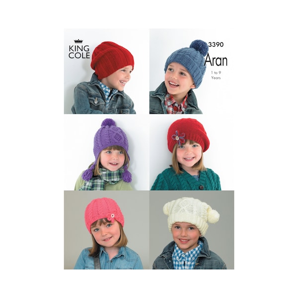 Aran Knitting Pattern: Children's Hats in Aran Yarn. Six Designs for Boys and Girls Ages 1-9 Years. Beanie, Bobble and Beret Style Hats